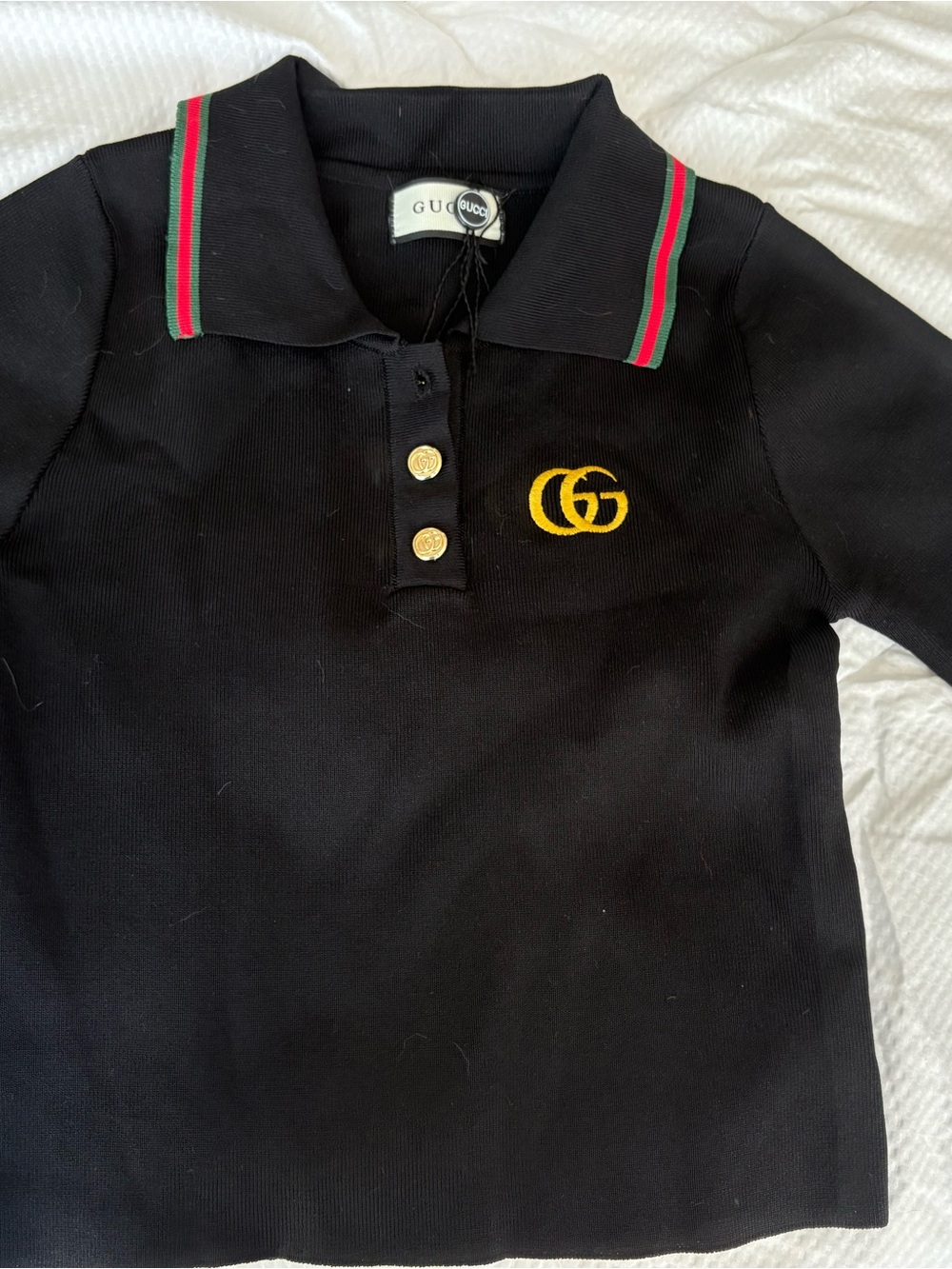 Gucci Kids/women Black Polo with Green-Red Collar and Gold Logo